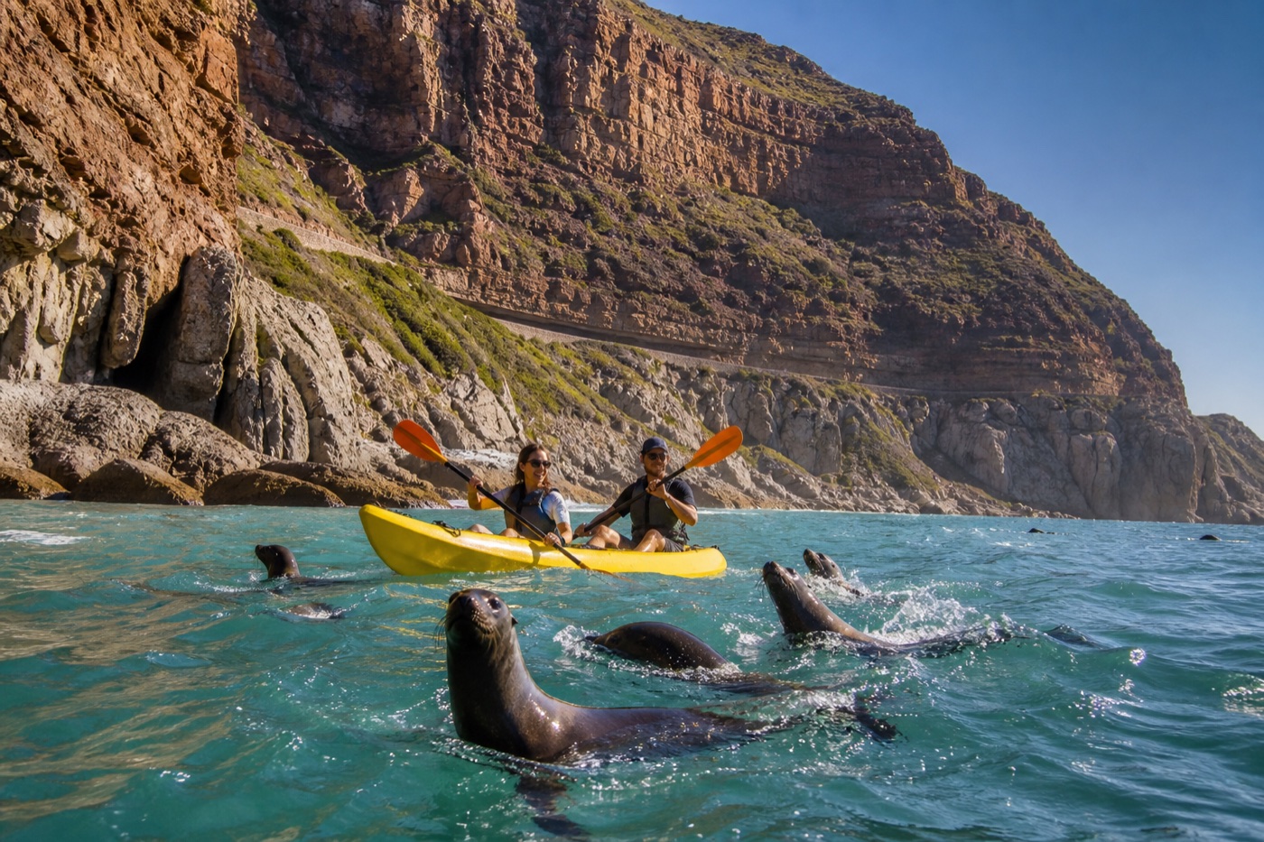 Каяки с морскими котиками у дороги Chapman's Peak